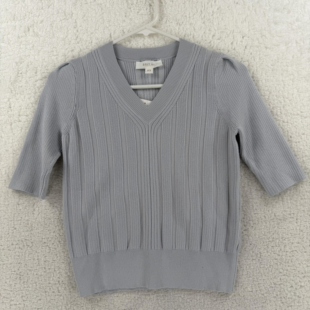 BRIT.NY Sweater Womens XS Gray Ribbed Puff Sleeve V Neck Pullover Knit‎ Top NEW